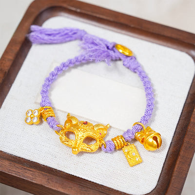 Buddha Stones 24k Gold Plated Brass Fox Bell Charm Fu Character Woven Purple String Luck Bracelet - image 0