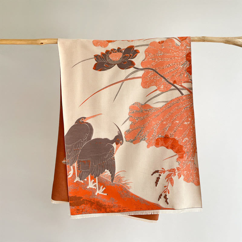 Buddha Stones Winter Stork Birds Lotus Flowers Leaves Pattern Soft Scarf Shawl - image 1