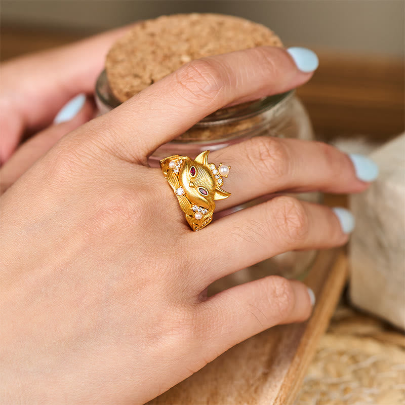 Buddha Stones Fox Head Design 24k Gold Plated Brass Adjustable Ring - image 5