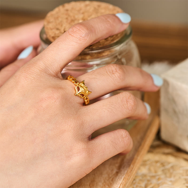 Buddha Stones 24k Gold Plated Brass Fox Coin Hollow Design Adjustable Ring - image 5