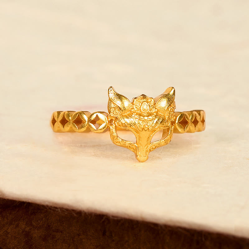 Buddha Stones 24k Gold Plated Brass Fox Coin Hollow Design Adjustable Ring - image 2
