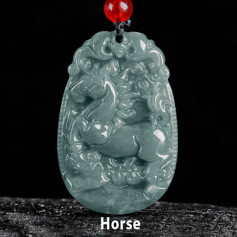 Buddha Stones Chinese Zodiac Jade Year of the Horse Luck Rope Necklace Pendant - image 1