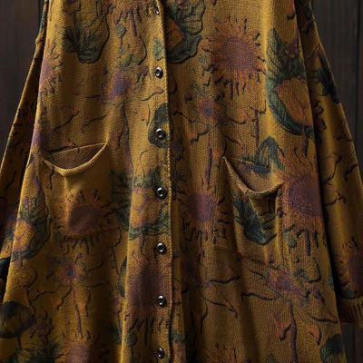 Buddha Stones Sunflower Mid-length Buttons Women's Long Sleeve Knitted Cardigan Sweater With Pockets - image 16