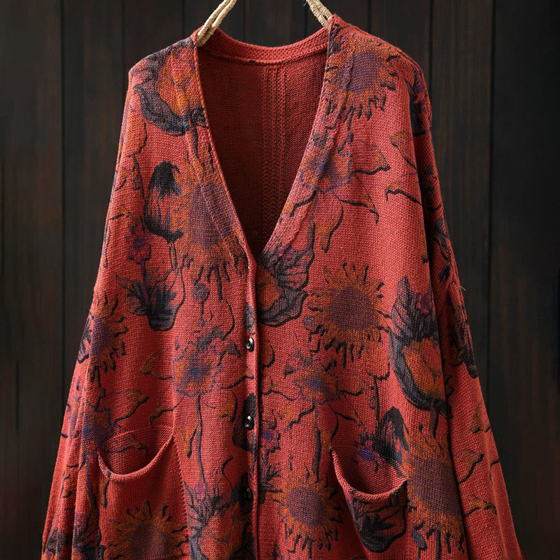 Buddha Stones Sunflower Mid-length Buttons Women's Long Sleeve Knitted Cardigan Sweater With Pockets - image 13