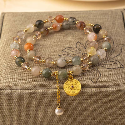Buddha Stones Colorful Rutilated Quartz Copper Auspiciousness Double-layered Bracelet - Rutilated Quartz(Wrist Circumference:17cm) - image 0