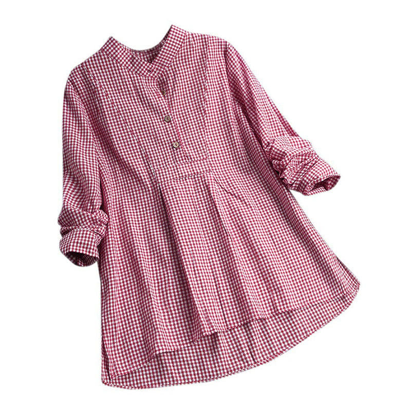 Buddha Stones Women's Buttons Long Sleeve Checked Pattern Shirt - DarkRed - US16，UK/AU20，EU48 (5XL) - image 1