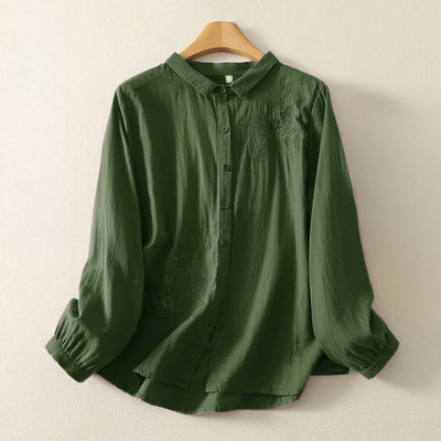 Buddha Stones Embroidered Flower Vine Pattern Long Sleeve Women's Lapel Shirt - DarkGreen - US8-10，UK/AU12-14，EU40-42 (2XL) - image 1