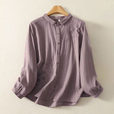 Buddha Stones Embroidered Flower Vine Pattern Long Sleeve Women's Lapel Shirt - RosyBrown - US8-10，UK/AU12-14，EU40-42 (2XL) - image 17