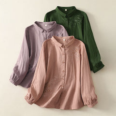 Buddha Stones Embroidered Flower Vine Pattern Long Sleeve Women's Lapel Shirt - image 0