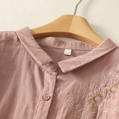 Buddha Stones Embroidered Flower Vine Pattern Long Sleeve Women's Lapel Shirt - image 9