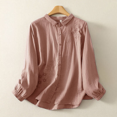 Buddha Stones Embroidered Flower Vine Pattern Long Sleeve Women's Lapel Shirt - DarkSalmon - US8-10，UK/AU12-14，EU40-42 (2XL) - image 7