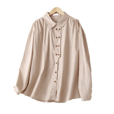 Buddha Stones Plain Double-breasted Long Sleeve Women's Cotton Lapel Shirt - image 12