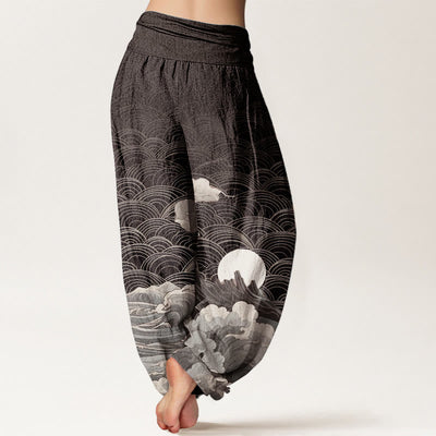 Buddha Stones Cotton Casual Wave Moon Mountain Pattern Women's Elastic Waist Harem Pants - image 1