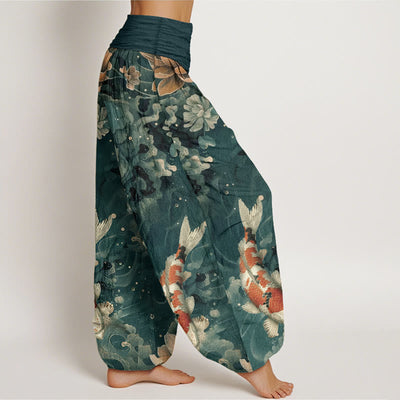 Buddha Stones Cotton Colorful Koi Fish Lotus Flowers Design Women's Elastic Waist Harem Pants - image 2
