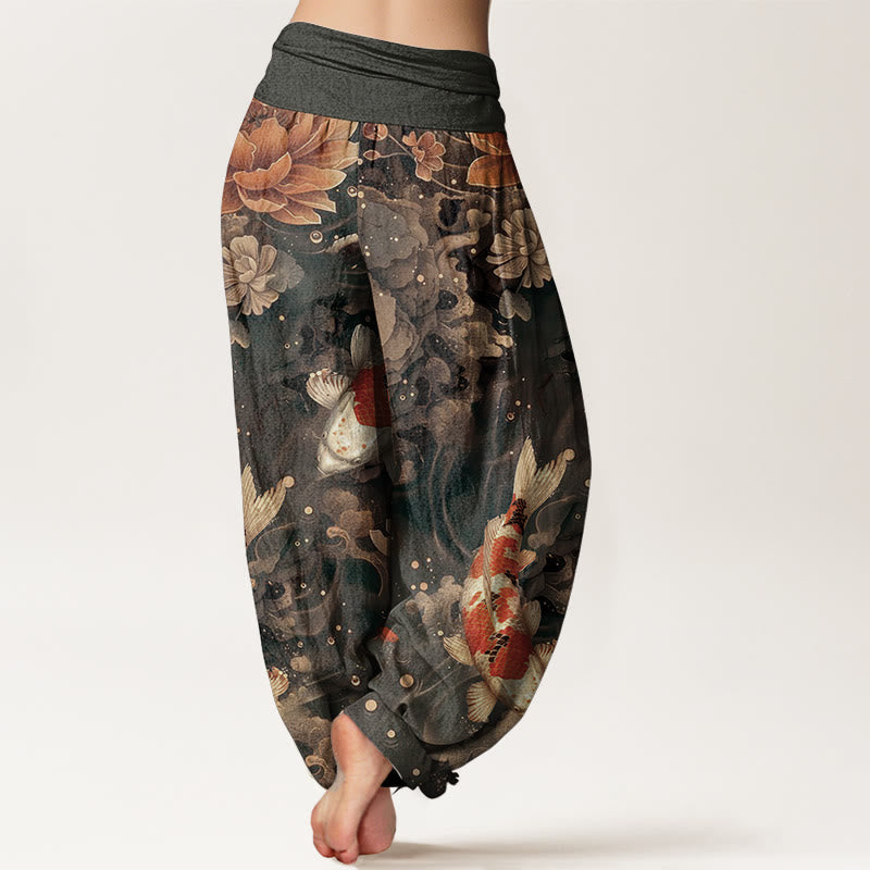 Buddha Stones Cotton Colorful Koi Fish Lotus Flowers Design Women's Elastic Waist Harem Pants - image 5