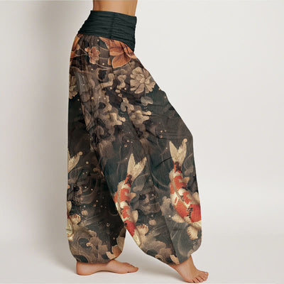 Buddha Stones Cotton Colorful Koi Fish Lotus Flowers Design Women's Elastic Waist Harem Pants - image 6