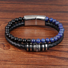 Buddha Stones Black Onyx Lazurite Titanium Steel Fortune Calm Leather Bracelet - Black Onyx Lazurite(Wrist Circumference: 18-19cm) - image 0