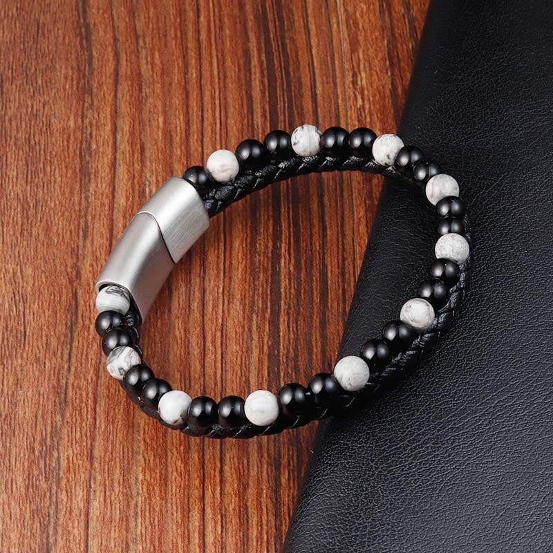 Buddha Stones Black Onyx Grey Jasper Titanium Steel Stability Leather Bracelet - image 3