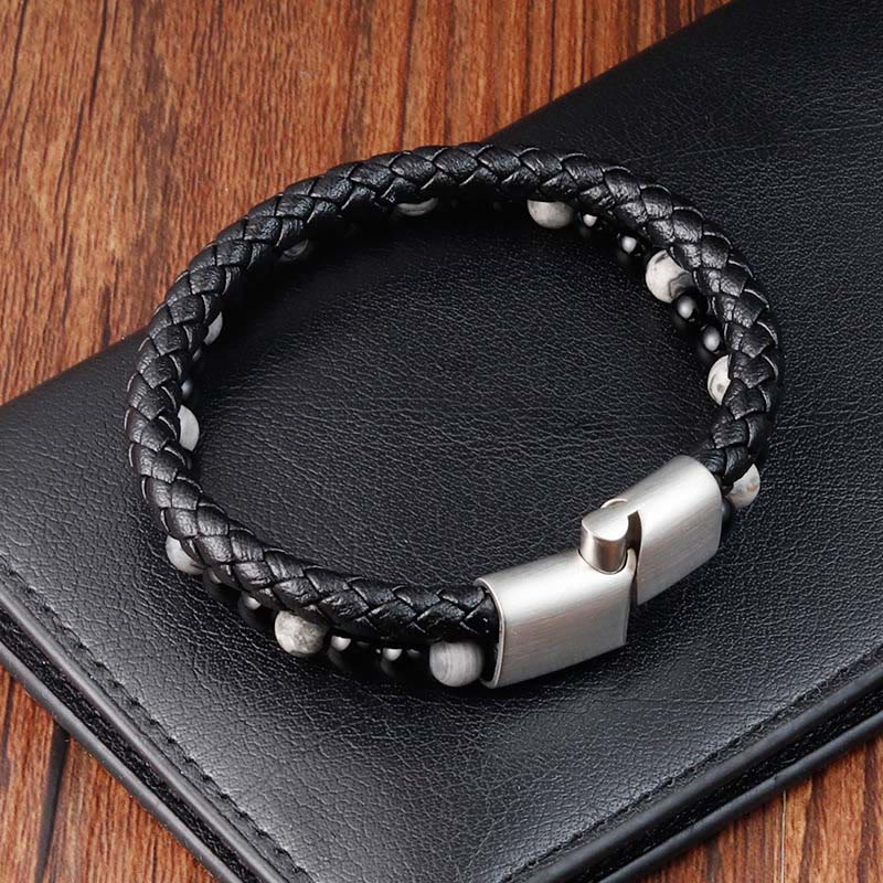 Buddha Stones Black Onyx Grey Jasper Titanium Steel Stability Leather Bracelet - image 4