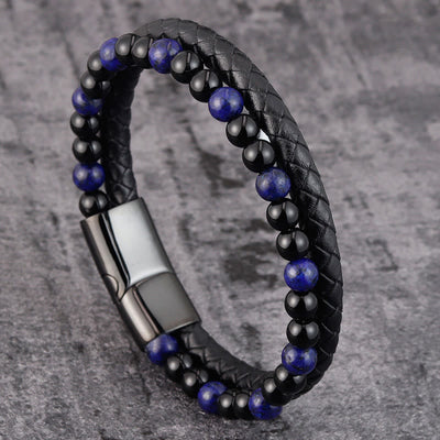 Buddha Stones Black Onyx Lazurite Titanium Steel Positive Self Care Leather Bracelet - Black Onyx Lazurite(Wrist Circumference: 18-19cm) - image 0