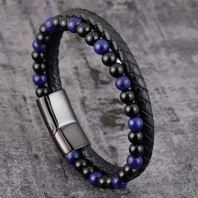 Buddha Stones Black Onyx Lazurite Titanium Steel Positive Self Care Leather Bracelet - Black Onyx Lazurite(Wrist Circumference: 18-19cm) - image 0