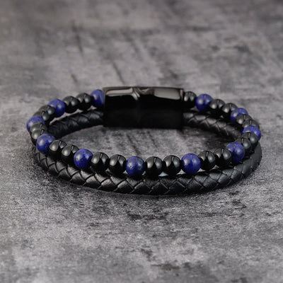 Buddha Stones Black Onyx Lazurite Titanium Steel Positive Self Care Leather Bracelet - image 1