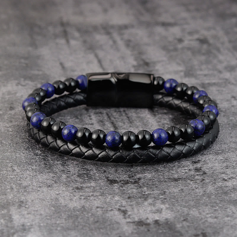 Buddha Stones Black Onyx Lazurite Titanium Steel Positive Self Care Leather Bracelet - image 1