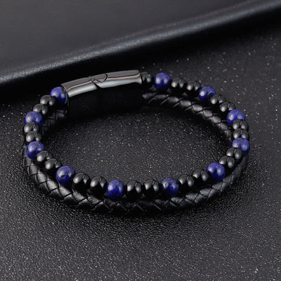 Buddha Stones Black Onyx Lazurite Titanium Steel Positive Self Care Leather Bracelet - image 3