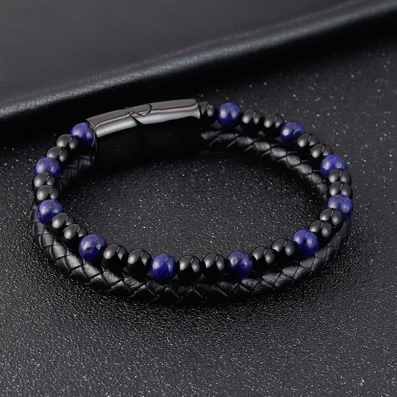 Buddha Stones Black Onyx Lazurite Titanium Steel Positive Self Care Leather Bracelet - image 3