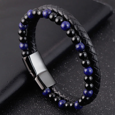 Buddha Stones Black Onyx Lazurite Titanium Steel Positive Self Care Leather Bracelet - image 9