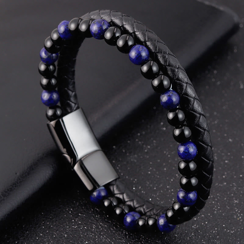 Buddha Stones Black Onyx Lazurite Titanium Steel Positive Self Care Leather Bracelet - image 9