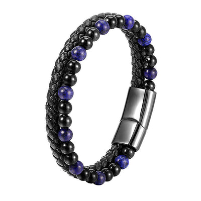 Buddha Stones Black Onyx Lazurite Titanium Steel Positive Self Care Leather Bracelet - image 12