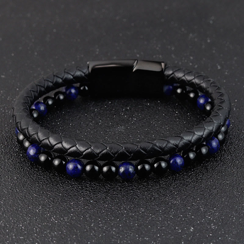 Buddha Stones Black Onyx Lazurite Titanium Steel Positive Self Care Leather Bracelet - image 10