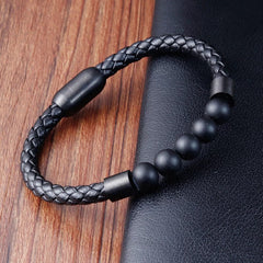 Buddha Stones Frosted Stone Lava Rock Tiger Eye Titanium Steel Stimulation Leather Bracelet - Frosted Stone(Wrist Circumference: 18-19cm) - image 0