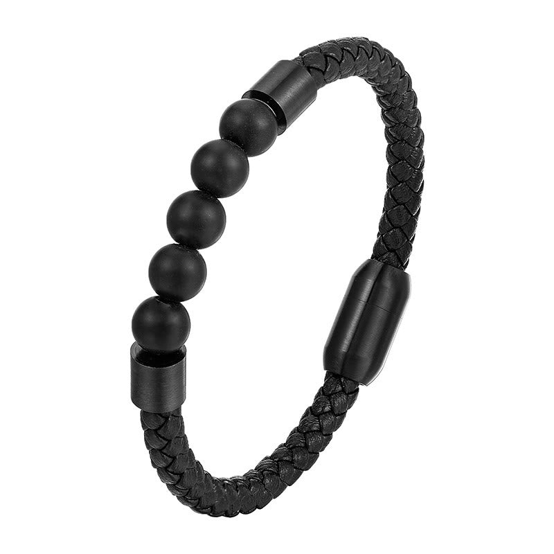 Buddha Stones Frosted Stone Lava Rock Tiger Eye Titanium Steel Stimulation Leather Bracelet - image 1