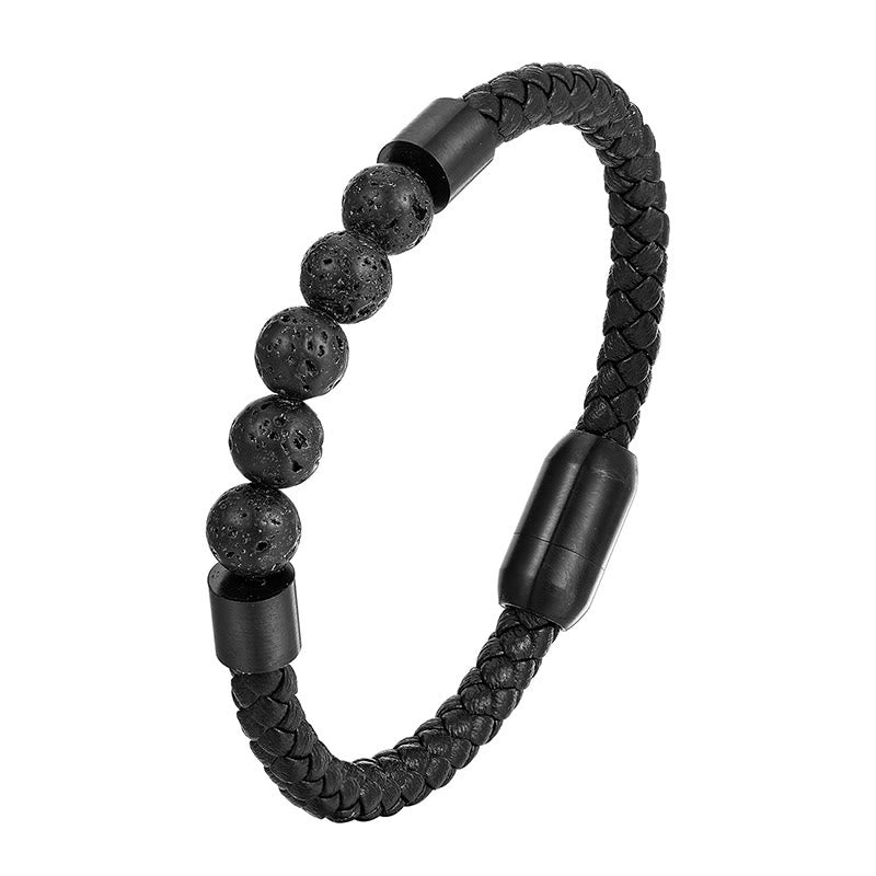 Buddha Stones Frosted Stone Lava Rock Tiger Eye Titanium Steel Stimulation Leather Bracelet - Lava Rock(Wrist Circumference: 18-19cm) - image 5