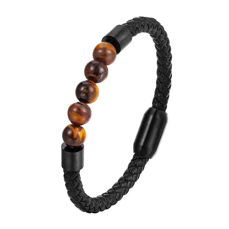 Buddha Stones Frosted Stone Lava Rock Tiger Eye Titanium Steel Stimulation Leather Bracelet - Tiger Eye(Wrist Circumference: 18-19cm) - image 9