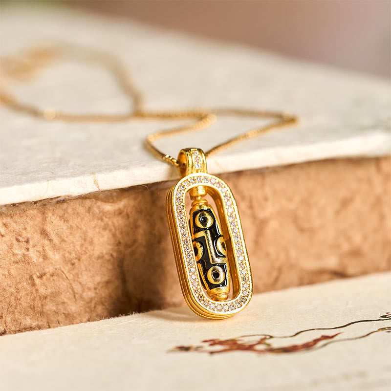 Buddha Stones 24k Gold Plated Brass Nine-eye Dzi Bead Auspicious Pattern Wealth Pendant Necklace - Brass - image 0