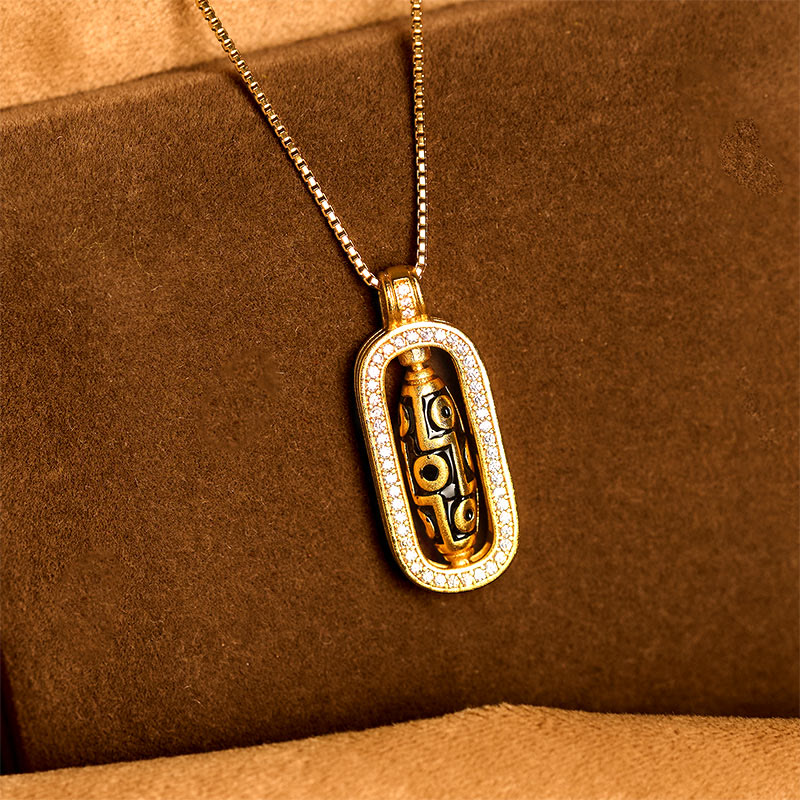 Buddha Stones 24k Gold Plated Brass Nine-eye Dzi Bead Auspicious Pattern Wealth Pendant Necklace - image 2
