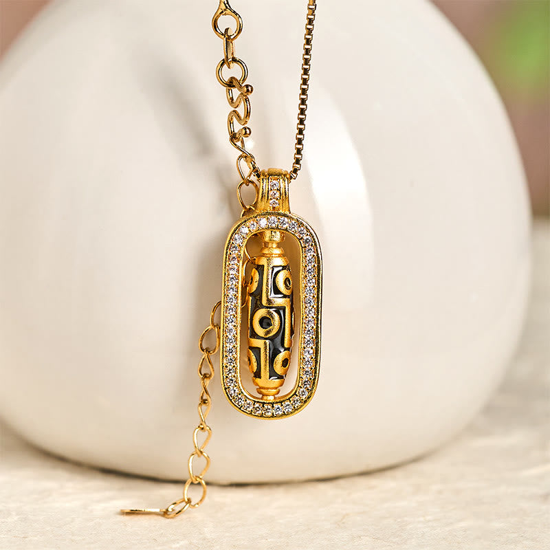 Buddha Stones 24k Gold Plated Brass Nine-eye Dzi Bead Auspicious Pattern Wealth Pendant Necklace - image 1