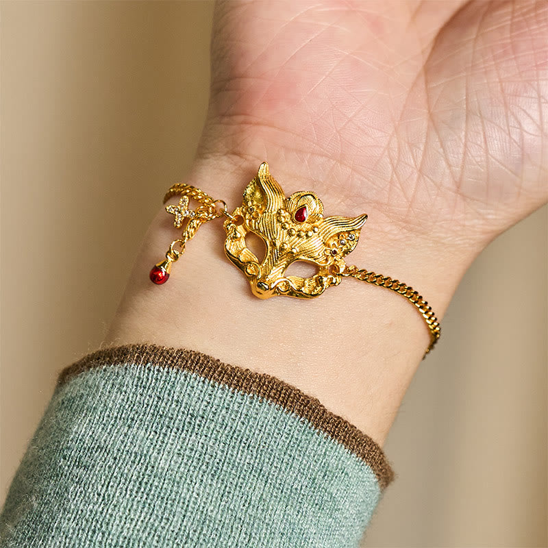 Buddha Stones 24k Gold Plated Brass Fox Mask Charm Tassel Chain Bracelet - image 7