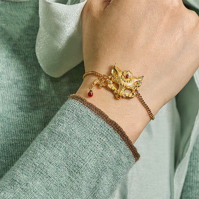 Buddha Stones 24k Gold Plated Brass Fox Mask Charm Tassel Chain Bracelet - image 6
