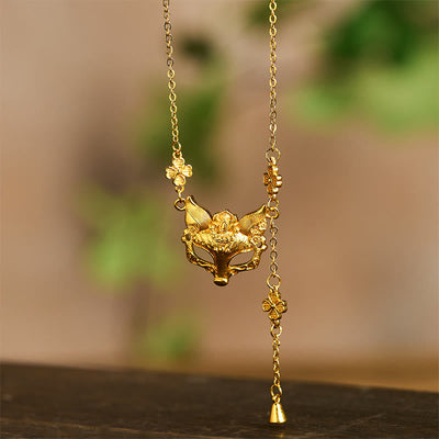 Buddha Stone 24k Gold Plated Brass Fox Flower Design Tassel Pendant Necklace - image 4
