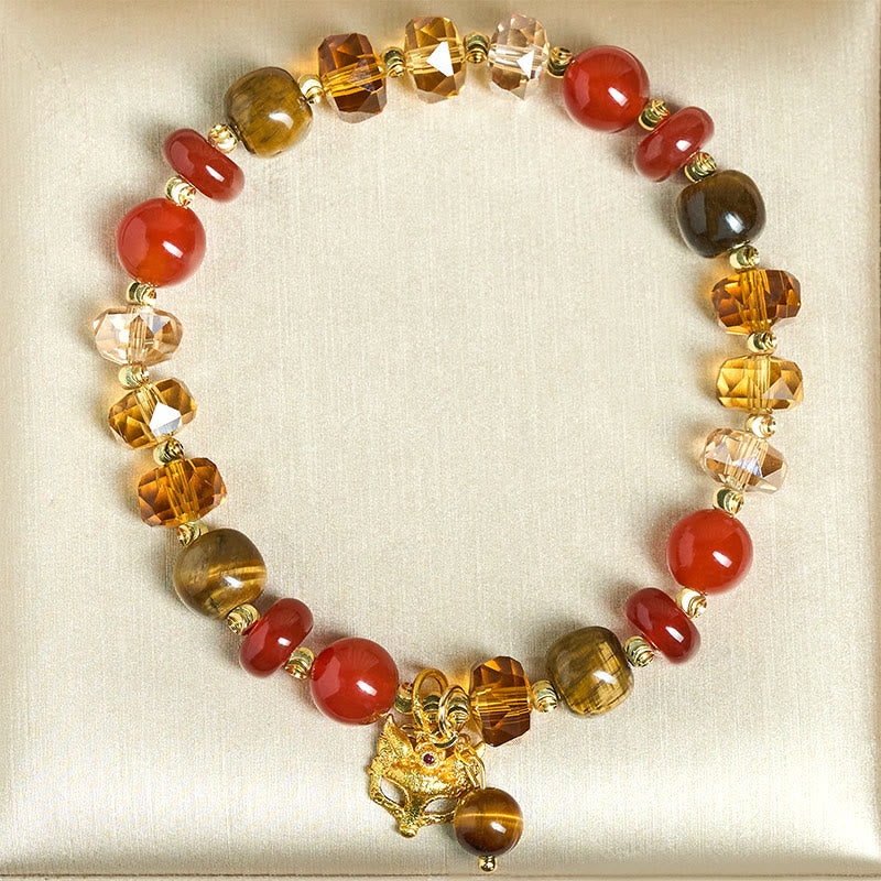 Buddha Stones Red Agate Tiger Eye Fox Charm Calm Beaded Bracelet - image 3