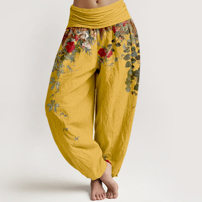 Buddha Stones Pure Cotton Colourful Flower Leaves Patterns Women's Elastic Waist Harem Pants - Gold - US16，UK/AU20，EU48 (3XL) - image 0