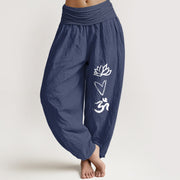 Foviel reine Baumwolle Lotus Herzform Om Symbol Muster Damen elastische Taille Harem Hose