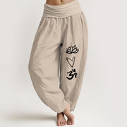 Foviel Pure Cotton Lotus Heart Shape Om Symbol Pattern Women's Elastic Waist Harem Pants