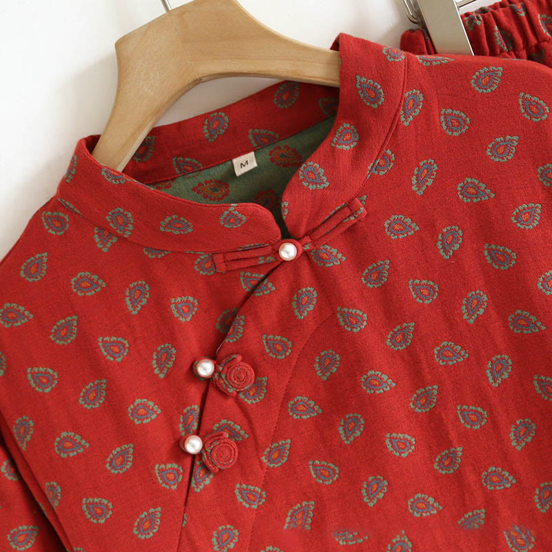 Buddha Stones 2pcs Colorful Floral Long Sleeve Frog-Button Shirt Pants With Pockets Pure Cotton Set  - image 9