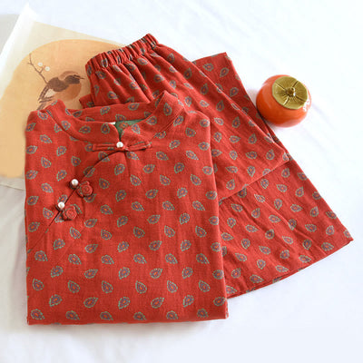 Buddha Stones 2pcs Colorful Floral Long Sleeve Frog-Button Shirt Pants With Pockets Pure Cotton Set  - image 7