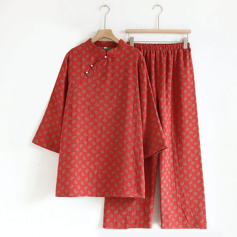 Buddha Stones 2pcs Colorful Floral Long Sleeve Frog-Button Shirt Pants With Pockets Pure Cotton Set  - Crimson - US6，UK/AU10，EU38 (XL) - image 5